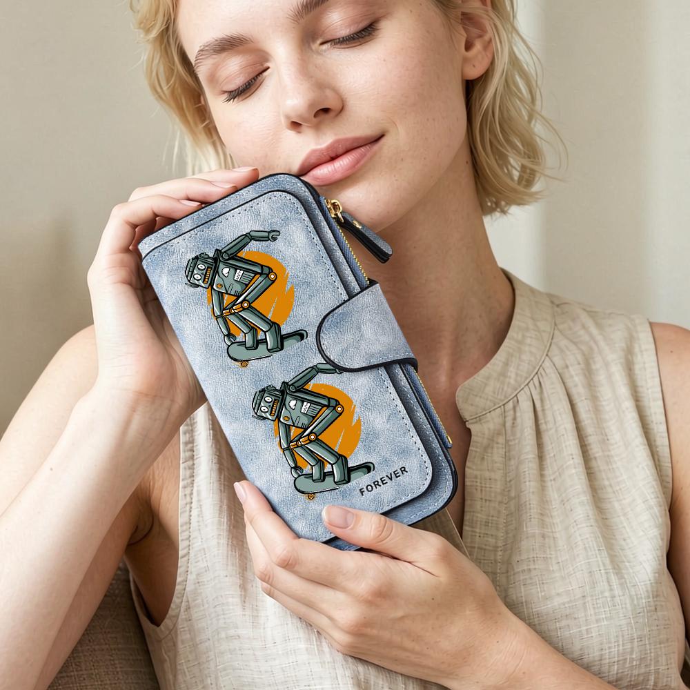 Cartoon Robot Skate Print Long Wallet Fashion Faux Leather Casual Purse for Cards Cash Holder