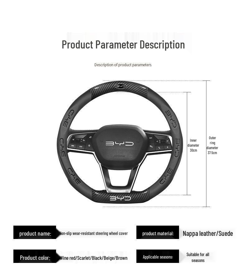 BYD Song Han Qin Yuan Steering Wheel Cover - Ultra-thin, Breathable, 5D Embossed, No-Sew Napa Leather for 19-26 Models