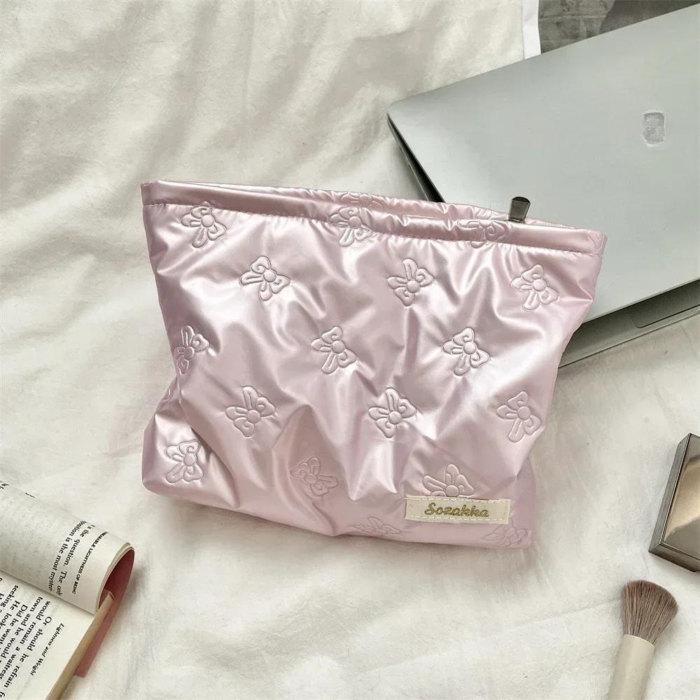 Quilted PU Love Bow Cosmetic Bag Skincare Products Pouch Pocket Multi-function Makeup Lipstick  Sanitary Napkin Storage Bag