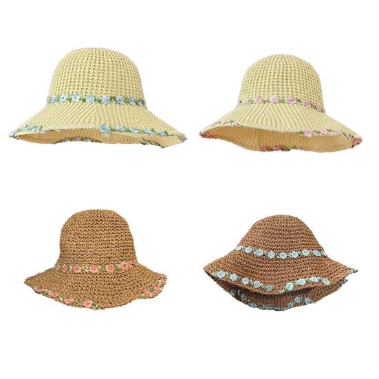 Sun Hat Pastoral Style Hand-Woven Flower Pattern Wide Brim Bucket Hat Vacation Leisure Sun Protection Hat