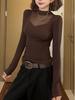 Plus Size Velvet Mesh Patchwork High Neck Long Sleeve Top for Women - Slimming & Versatile Fall/Winter Style for Curvy Figures