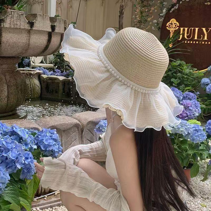 Lace bow wavy edge straw hat women's summer beach sun hat big brim sun hat