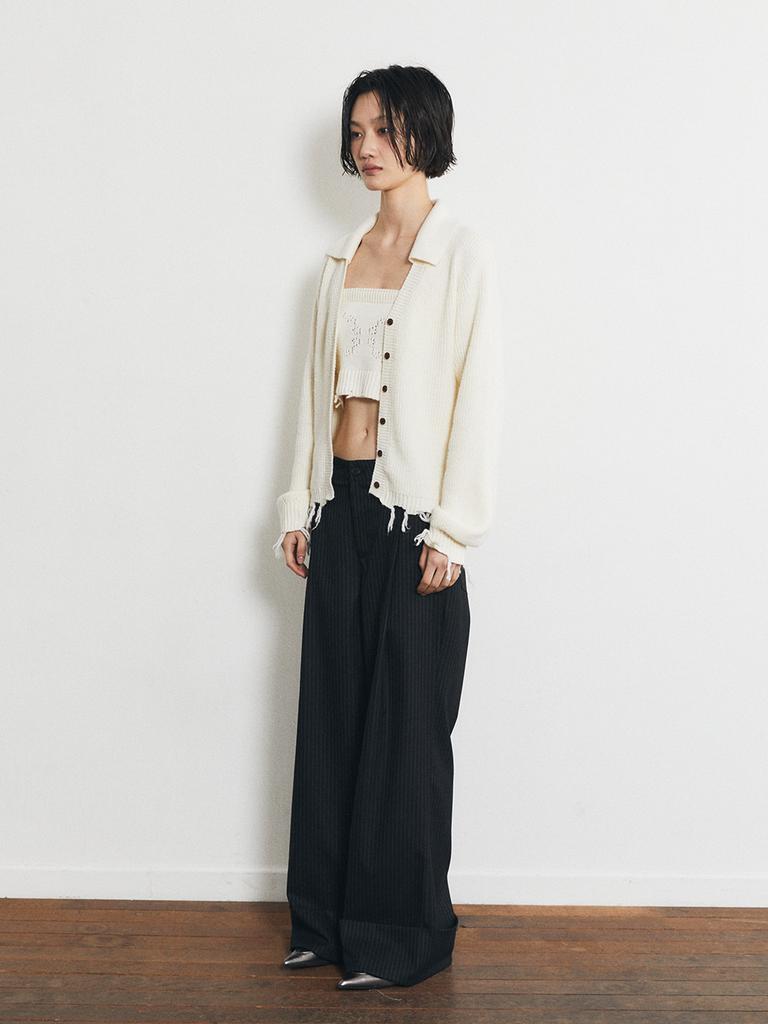HALF DEVIL US Knit V-Neck Collared Cardigan_Ivory