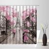 Vintage Paris City Scenery Shower Curtain  Tower Pink Rose Flower Painting Spring Bathroom Decor Waterproof Screen With Hooks