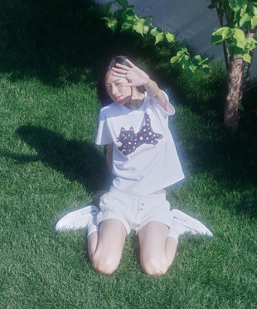 LMR Star Dot Cat Applique Short Sleeve T-Shirt White