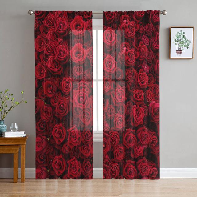 Rode roos bloem groen blad plant mooie pure gordijnen voor woonkamer slaapkamer decoratie raam voiles ochtend tule gordijn
