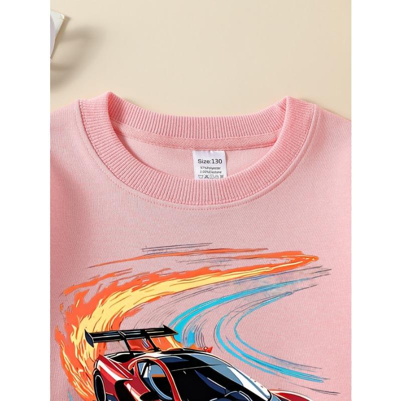 European Sizes Red Sports Car Flame Design Girls' Crew Neck Sweatshirt, Autumn Winter, Western Style, Long-Sleeved, Casual Colors for Young Girls.