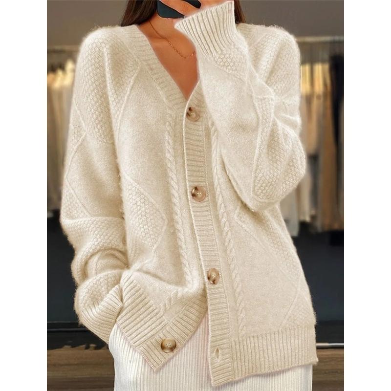Women V Neck Cable Knit Cardigan Fuzzy Soft Long Sleeve Button Down Loose Casual Fall Winter Pocket Sweater Coat