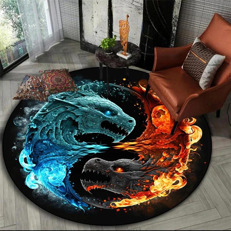 Mythical Animals Round Area Rug–Tiger,Dragon Lion with Tree of Life Fantasy Carpet for Living Room,Bedroom or Meditation Space
