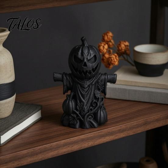 Handcrafted Carved Pumpkin 3D Printed Scarecrow Figurine, Matte Black Halloween Tabletop Atmospheric Party Ornament Decor for Shelf Window Office,