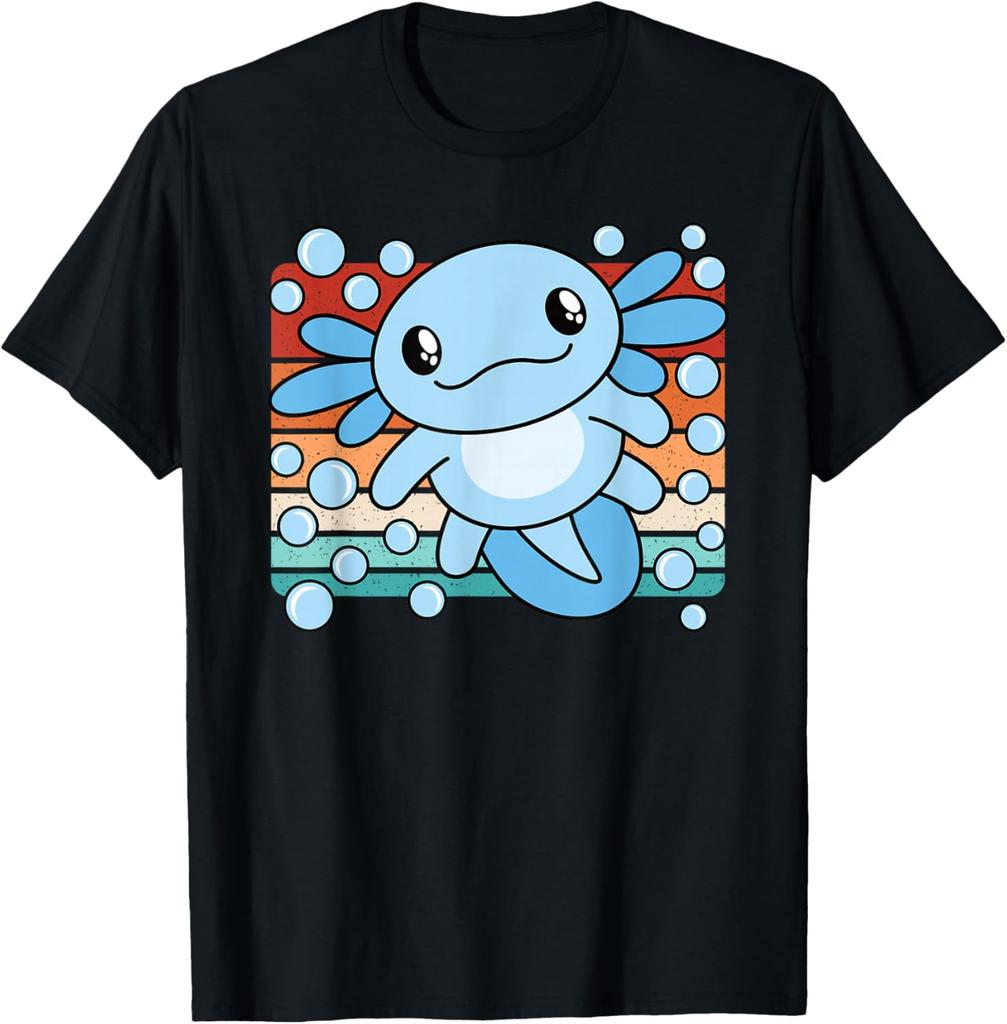 Cute Axolotl Salamander Retro Sunset Graphic Tee Soft Cotton Casual T-Shirt for Kids