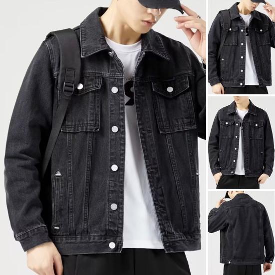 Men Denim Jacket Lapel Long Sleeve Flap Pockets Solid Color Coat Button Closure Casual Denim Outwear Daily Wear