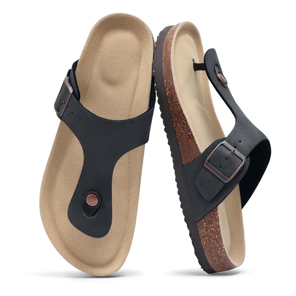 Gacimy Women Cork Sandals Fashion Summer Cork Footbed Flip Flops New Leather Flat Mules With Arch Support Outdoor Beach Slippers