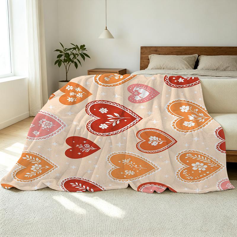 Plush Flannel Blanket Soft Warm Cozy Short Fleece, Floral & Heart Print, Ideal for Single Couch & Bedroom, Cute Valentine's Day Gift, Home Decor
