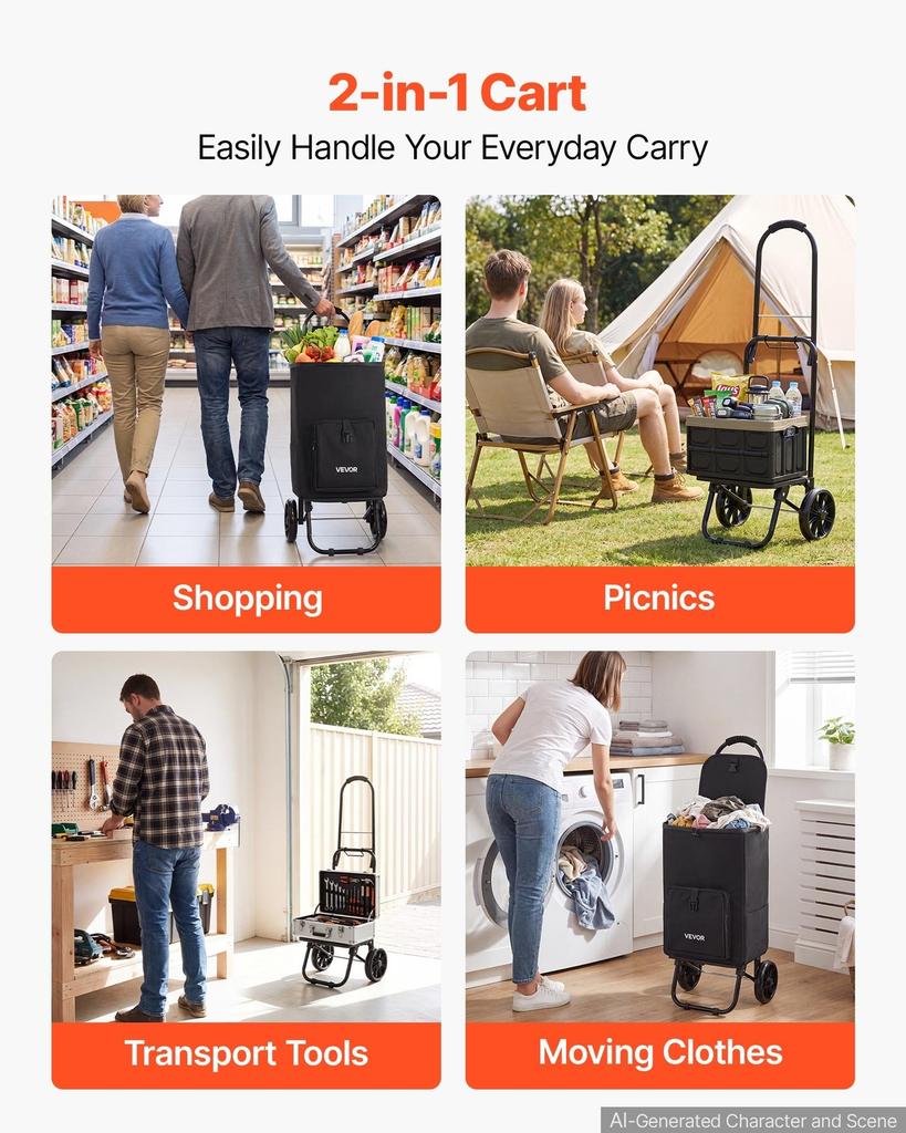 Shopping Cart with Wheels Foldable Trolley Dolly for Groceries Black, 2-in-1 Rolling Utility Cart with Detachable Bag, Soft Foam Handle, Storage