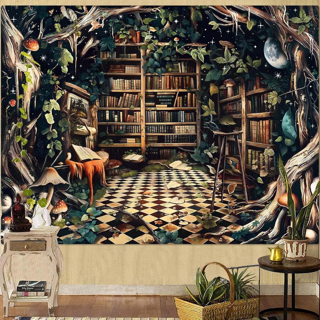 Vintage Fantasy Fairy Tale Tree House Books Bedroom Living Room Dormitory Classroom Printed Tapestry Living Room Bedroom Home De