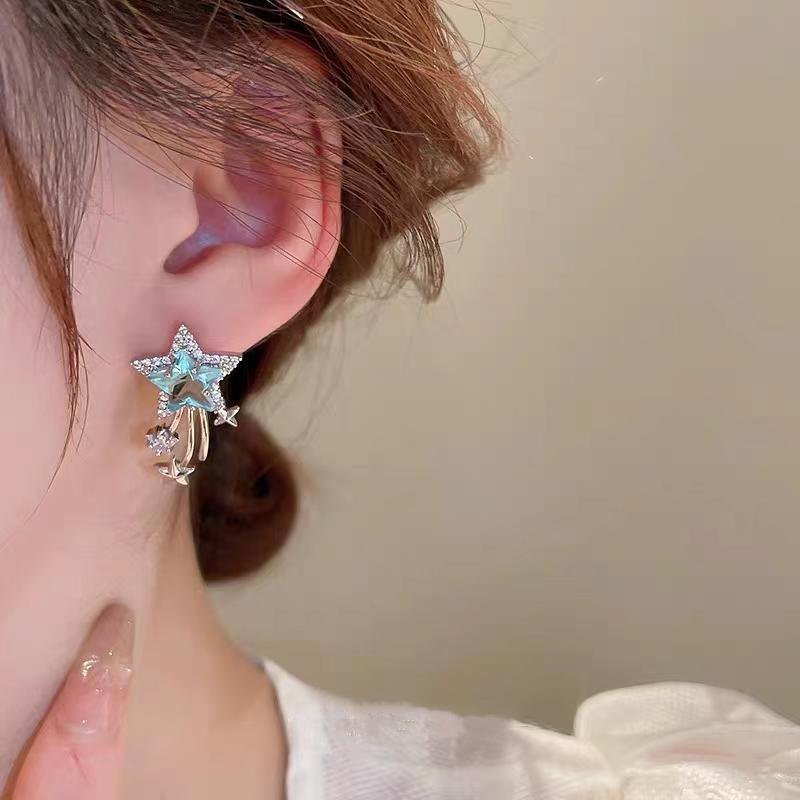 High-End Blue Zirconia Star Stud Earrings: Luxury, Versatile & Full Diamond Ear Ornaments