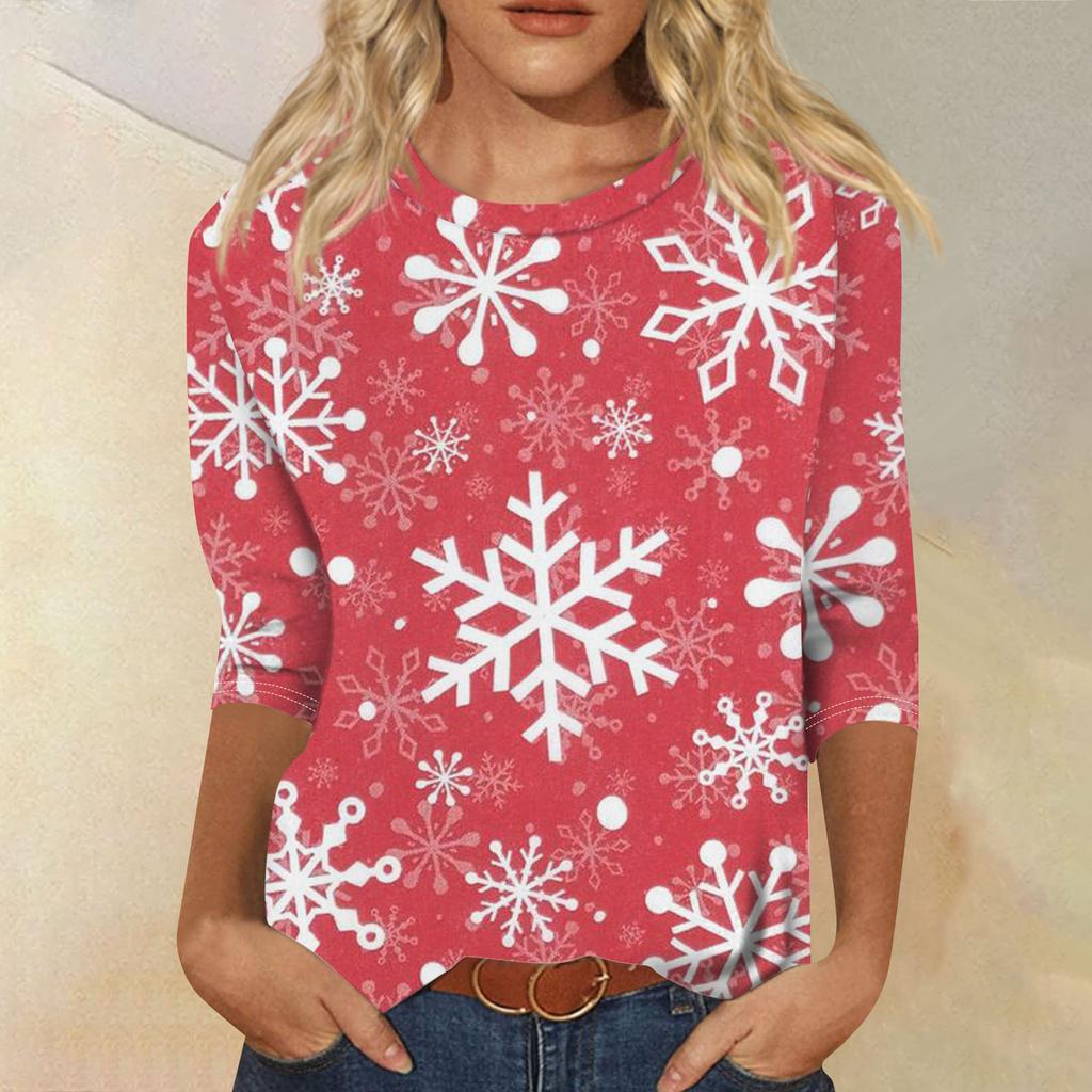 Dammode Casual Sjuärmad Jultryckt Rundhalsad Topp