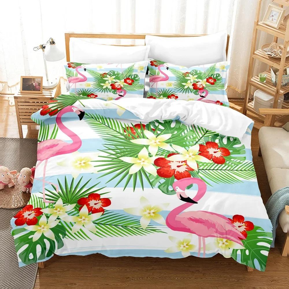 Huse de pilotă Flamingo Mărime King/Queen Decor cu Frunze Tropicale Verzi Set de lenjerie de pat Copac de Palmier Floare Moale 2/3 buc Huse de pilotă din Poliester