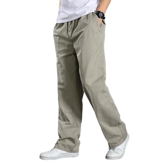 Men Cargo Pants Spring Fall Elastic Waist Drawstring Solid Color Casual Loose Large Pocket Soft Male Straight Wide Leg Trousers Menswear