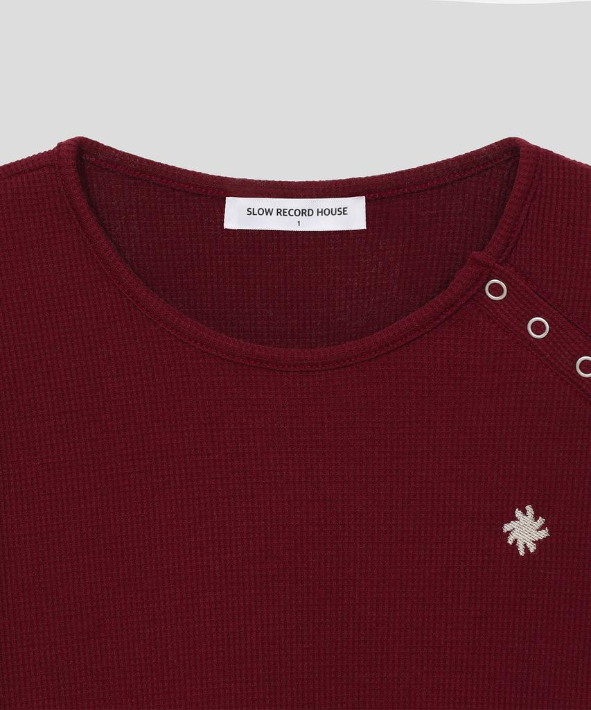 SLOW RECORD HOUSE Henley Neck Eyelet T-Shirt_Burgundy