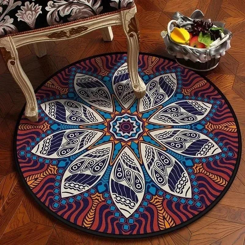 Retro Mandala Pattern Round Carpet, Room Home Decoration, Bedroom Kids' Cushion, Non-Slip Floor Mat Living Room Chair Mat