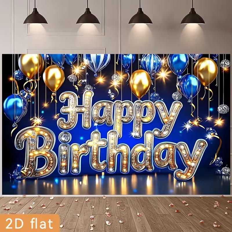 2D Blau Gold Alles Gute zum Geburtstag Hintergrund, Glitzer Ballon Fotografie Hintergrund für Party