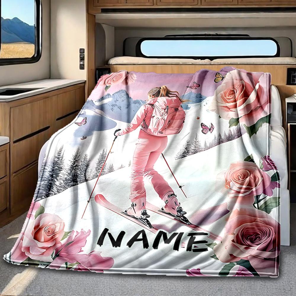 Skiing Adventure In A Rose Garden With Butterflies Blanketcustomizable With Your Namecomfortable And Stylish Perfect For Travel Beds Chairs Offices