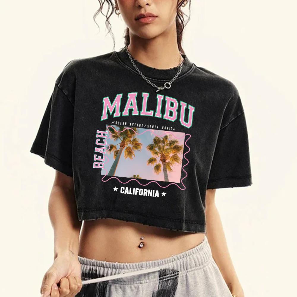 Malibu Coconut Tree California Printed Washed Tee Shirt Women Fitness Summer Tops Retro Short Sleeve Cotton Clothing