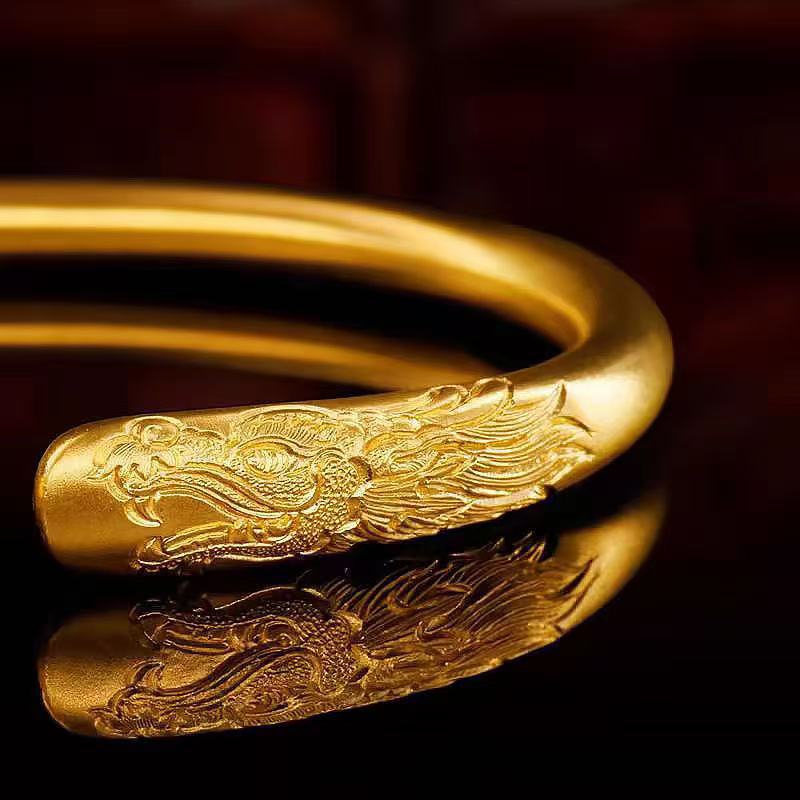 Popular Chinese Retro Craftsmanship Sand Gold Jewelry Long Yue Fengming Gold Bracelet Opening Dragon Phoenix Auspicious Gold Bracelet