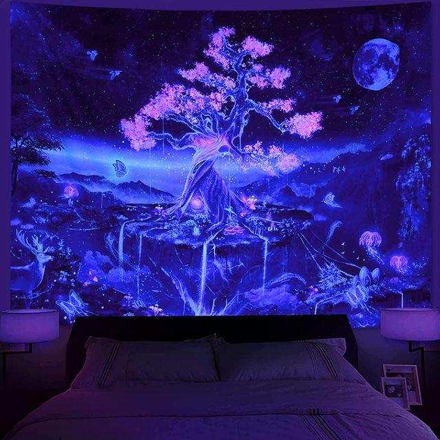 Trippy Planet Tapestry Uv Reactive Waterfall Landscape Room Decor Aesthetic Psychedelic Wall Hanging Mushroom Gothic Home Decor