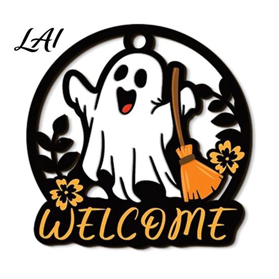 Autumn Seasonal Welcome Decor Halloween Ghost Pumpkin Round Wooden Door Hanger Wall Plaque Indoor Festive Party Supplies with Rope Hanging for Front