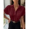 Plus Size Women's V Neck Solid Color New Casual Button Up Short Sleeved Shirt