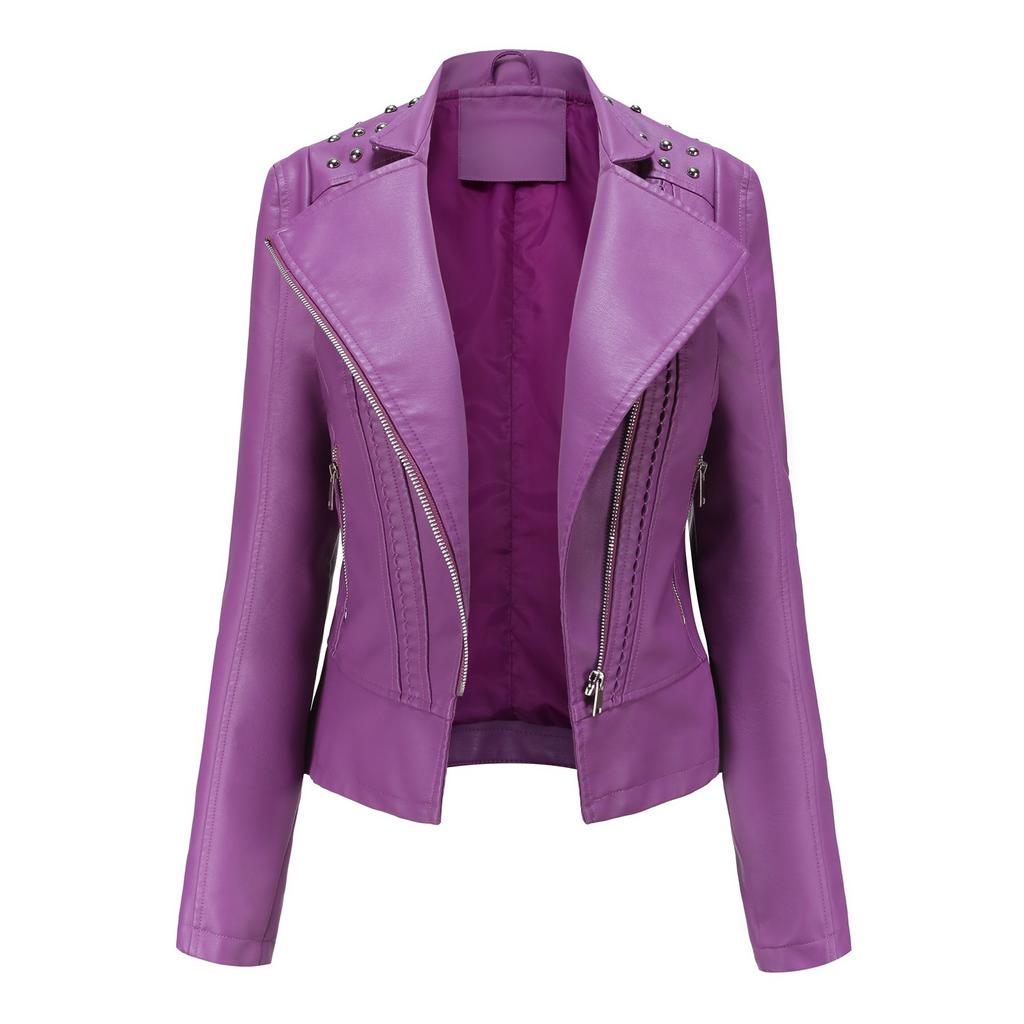 Women PU Leather Jacket Motorcycle Biker Short Coat Motorcycle Racer Lapel Collar Punk Rock Crop Blazer Stylish Rivet Outerwear Fashion Tops Outfit