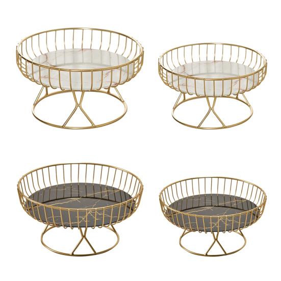Metal Wire Fruit Basket Round Mesh Fruit Bowl with Marble Texture Tray Modern Decorative Bread Snacks Serving Bowl for Kitchen Countertop Table