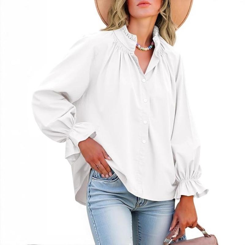 Frühling und Herbst Neu Damen Elegant und Süß Locker Lässig Laternenärmel V-Ausschnitt Rüschenhemd