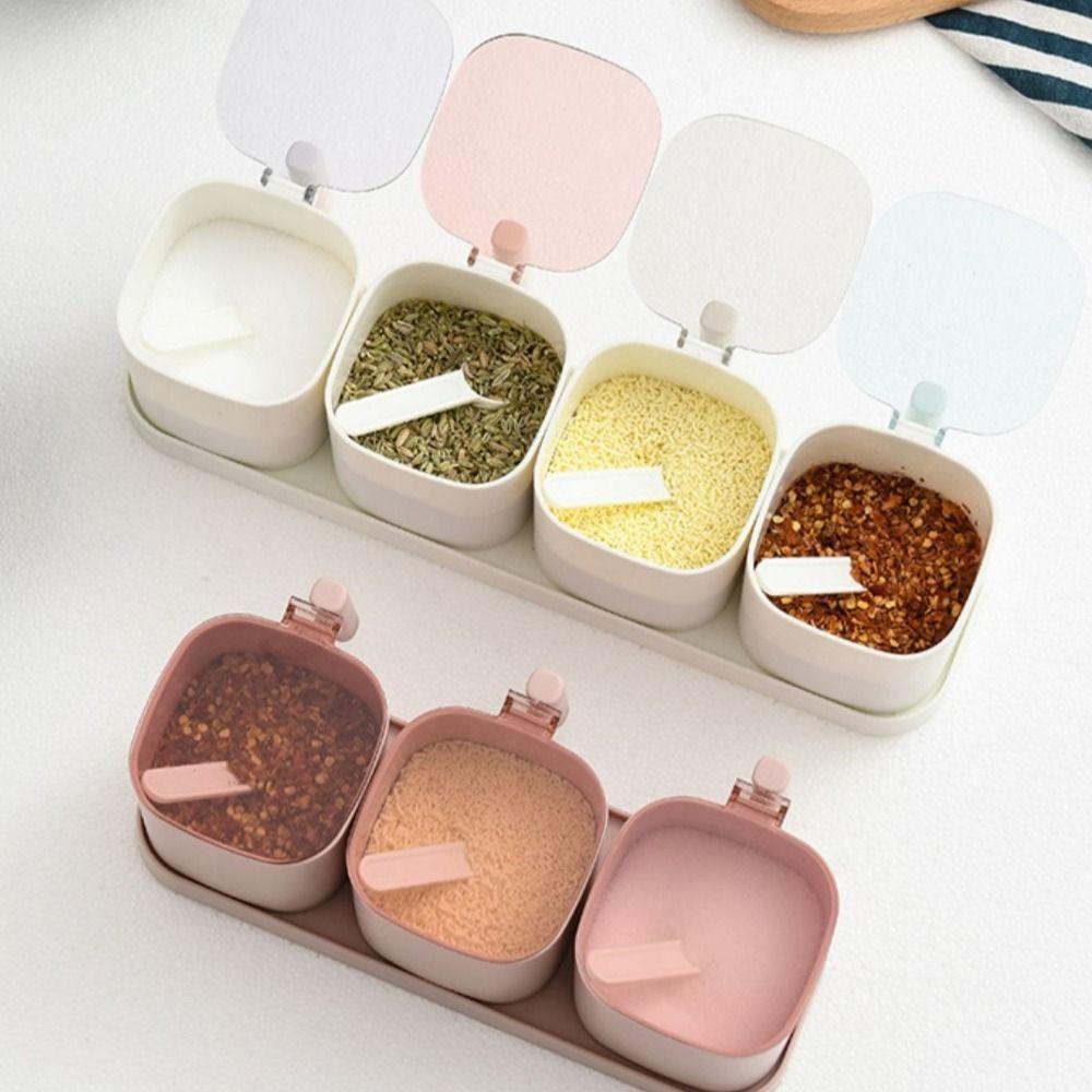 Practical Airtight Spices Box Anti Slip Plastic Seasoning Organizer Dividing Grids with Spoon Spice Container Food Storage