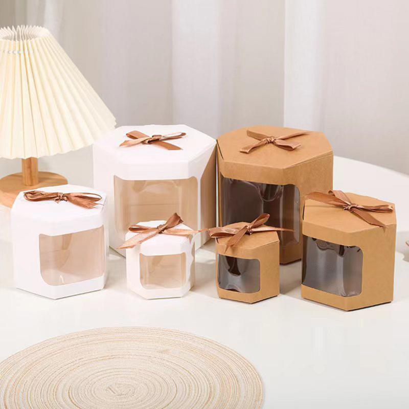10 Pcs Cake Box Packaging Paper Bags Hexagon Candy Boxes With Clear Pvc Window Birthday Gift Box Presents Sweets Package