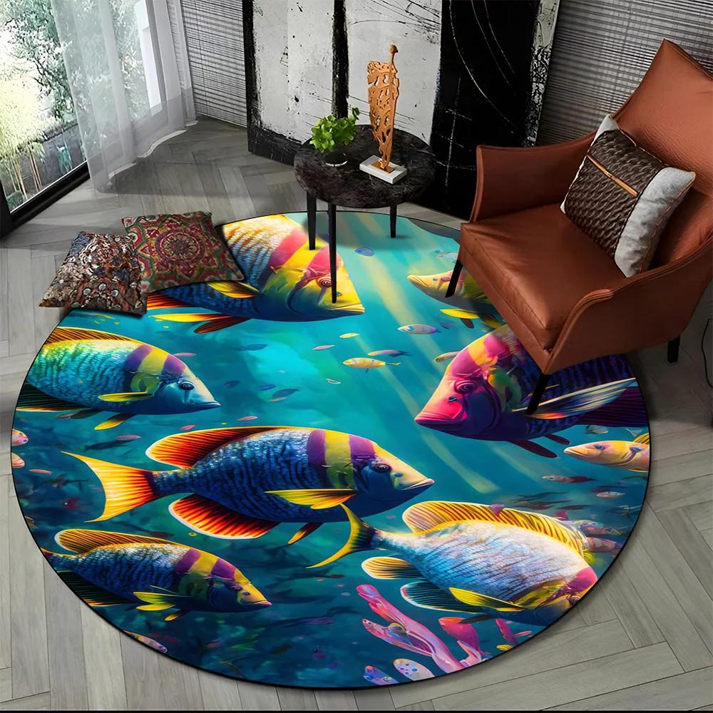 Monde sous-marin Fond marin Poissons Dauphin Dessin animé Tapis rond pour salon chambre enfants Décoration, Tapis de sol antidérapant pour zone animaux de compagnie