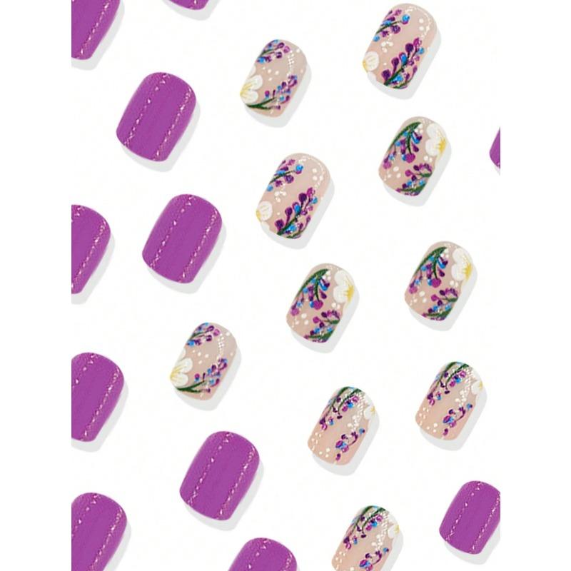 24Pcs Short Square Nails, Creative Purple Flowers And Plants Fake Nails Lovely Fake Nails, For Girls To Wear, Press On The Nails, Nail Supplies