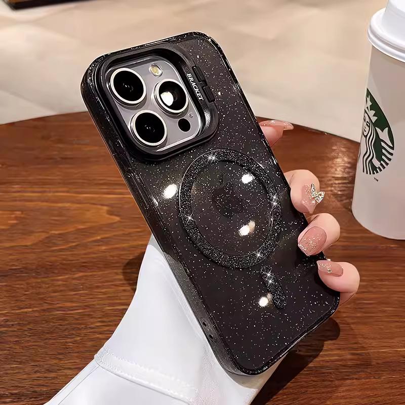 Bling Glitter für Magsafe Wireless Charge Case für iPhone 14 13 11 12 15 Pro Max Kamerahalter Klare harte Acryl-Magnetabdeckung