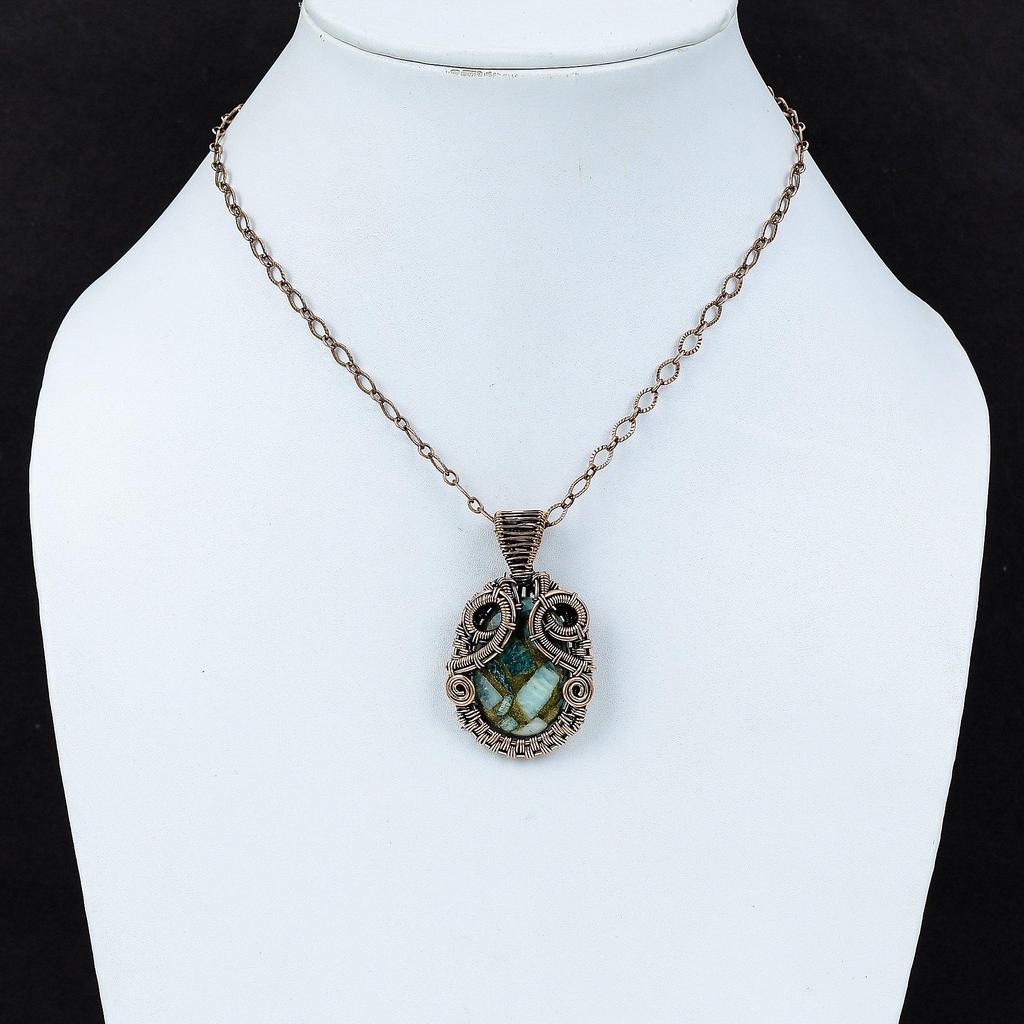 Copper Amazonite Pendant Copper Wire Wrapped Pendant Genuine Gemstone Jewelry Handmade Pendant Copper Wire Jewelry Elegant Pendant For Gift
