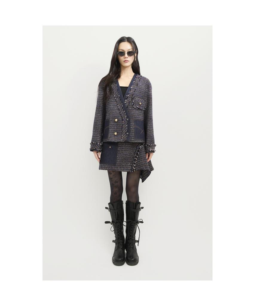 LUCKY CHOUETTE Denim Patch Tweed Midi Skirt (Dark Navy) Lfkas25140Nyd