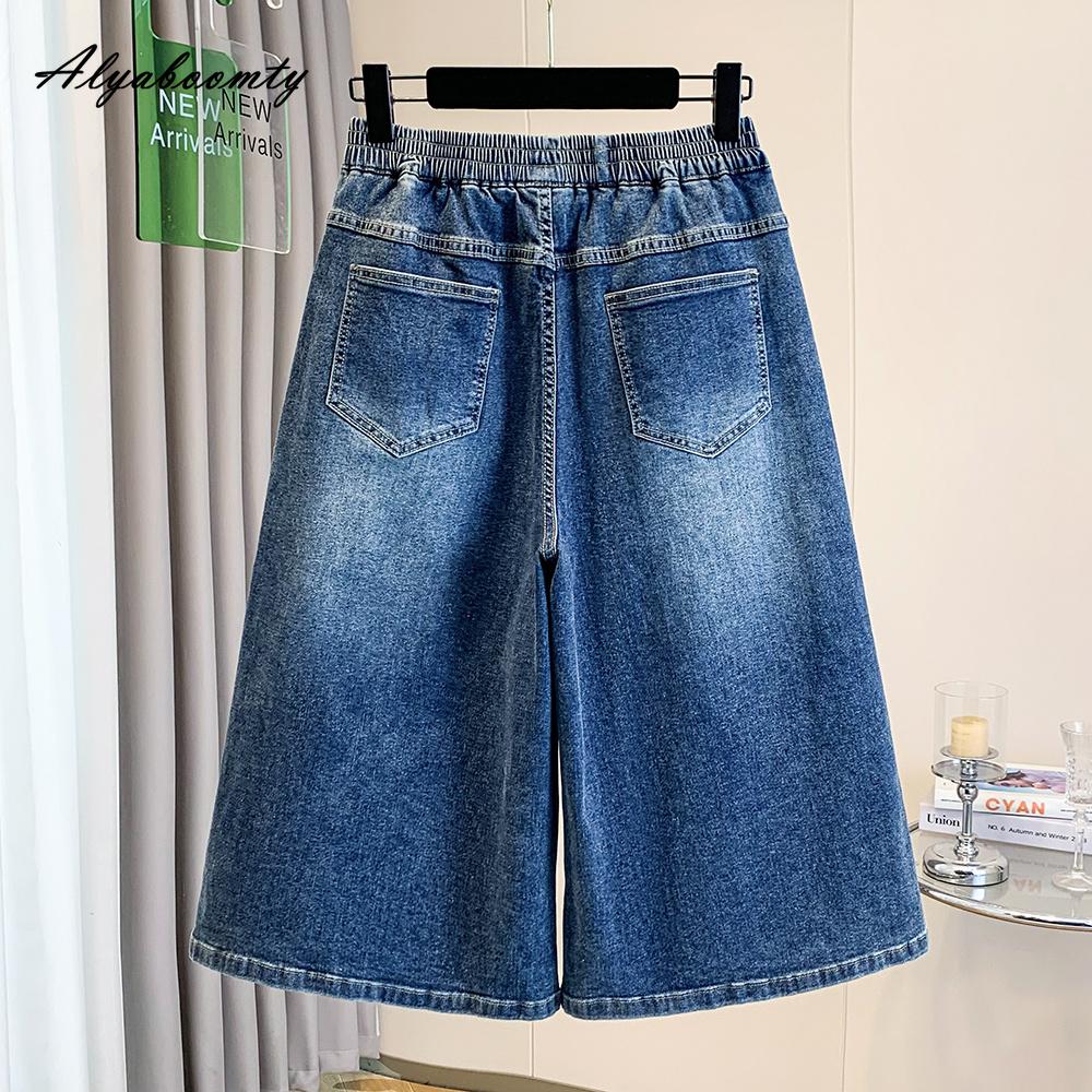 Plus Size Summer Women Blue Denim Capris Elastic Waist Washed Cotton Short Jeans Classical Solid Casual Loose Ladies' Capris XL-5XL