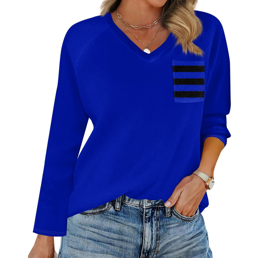 Women's Raglan Long Sleeve V-Neck T-Shirt Splicing Solid Color Casual Top Pullover V-Neck Pocket Bottoming Shirt