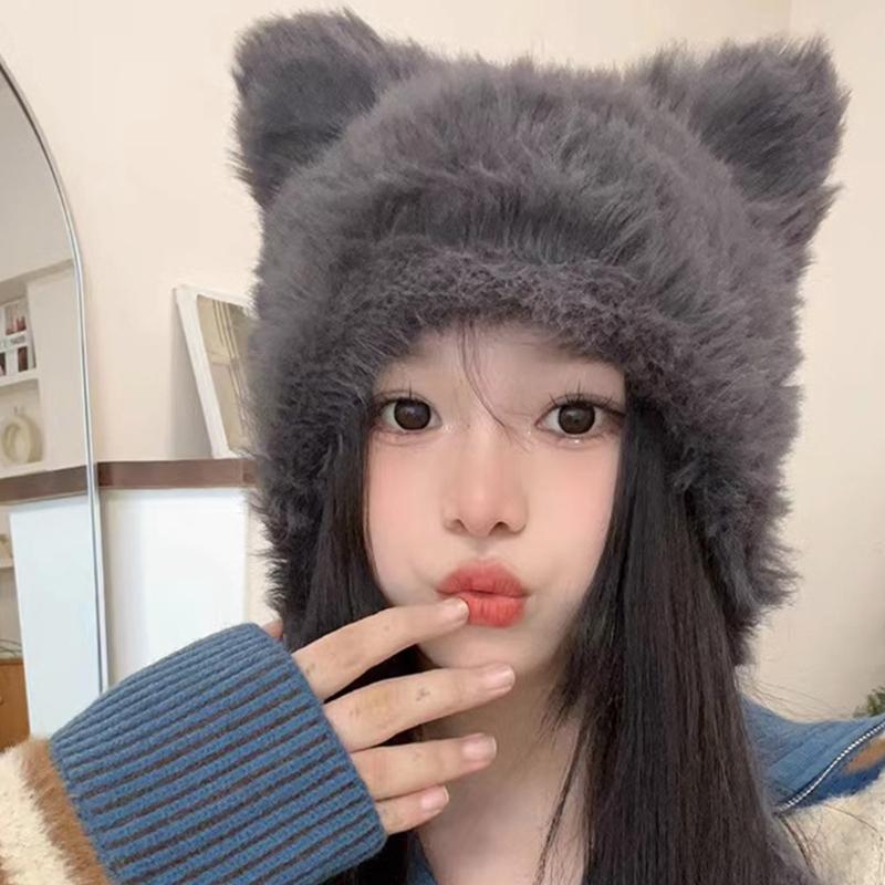 Winter Warm Plush Hat for Women Funny Bear Ear Hat Hooded Skull Hat Outdoor Activity Cap Windproof Headwear Pullover Hat