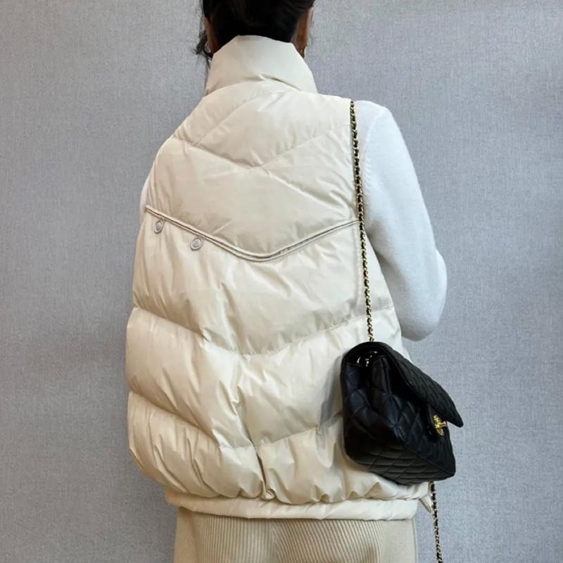 Leichte, lockere, ärmellose Thermoweste für Damen in weißer Entendaunenjacke, schicke All-Match-Weste mit Taschen und Stehkragen