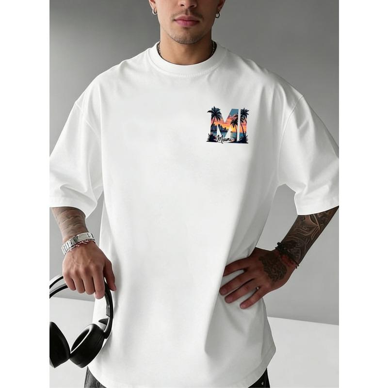 Men's Fashion T-Shirt "Beach Sunset" Creative Letter Print - Comfortable for All Seasons, Slim Fit, Double-Sided Design, Comfortable Material
