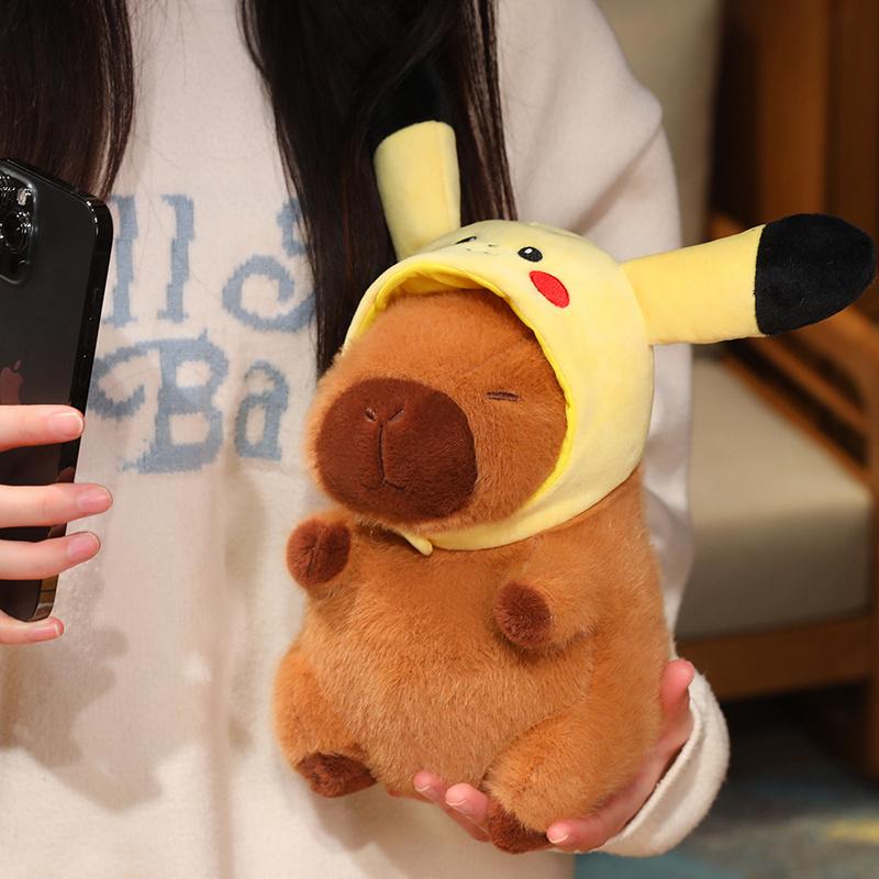 22cm Capybara Doll With Cartoon Hat Pikachu Stitch Kuromi Plushies Plushies Lovely Cartoon Capybara Doll Gift