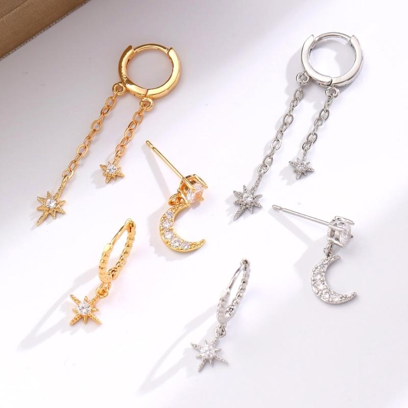 3Pcs Modern Star And Moon Earring Collection Uneven Plan Casual Fit Morning To Evening Accessories